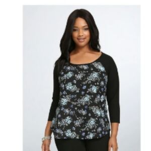 Torrid Black Blue Floral Raglan Tunic Top 3X